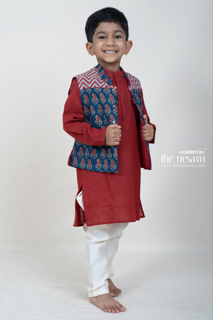 The Nesavu Boys Jacket Sets Maroon Kurta With Navy Ikkat Overcoat For Baby Boys Nesavu Shop Stylish Festive Kurta For Baby Boys | Traditional Dress Designs | The Nesavu