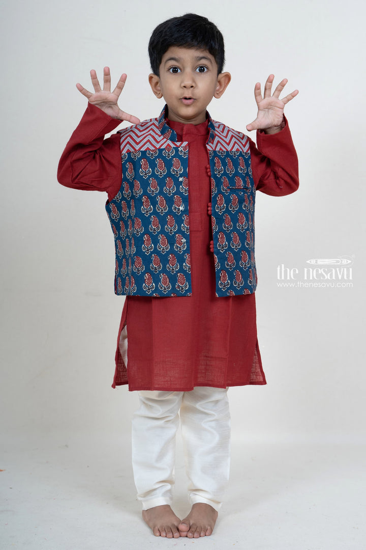 The Nesavu Boys Jacket Sets Maroon Kurta With Navy Ikkat Overcoat For Baby Boys Nesavu Shop Stylish Festive Kurta For Baby Boys | Traditional Dress Designs | The Nesavu