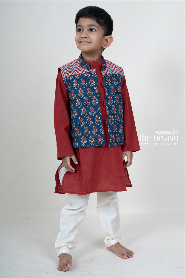 The Nesavu Boys Jacket Sets Maroon Kurta With Navy Ikkat Overcoat For Baby Boys Nesavu Shop Stylish Festive Kurta For Baby Boys | Traditional Dress Designs | The Nesavu