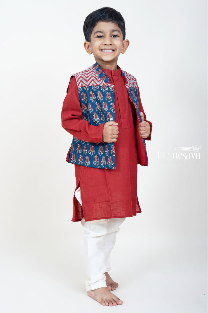 The Nesavu Boys Jacket Sets Maroon Kurta With Navy Ikkat Overcoat For Baby Boys Nesavu Shop Stylish Festive Kurta For Baby Boys | Traditional Dress Designs | The Nesavu