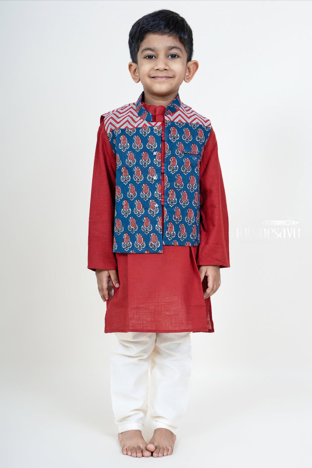 The Nesavu Boys Jacket Sets Maroon Kurta With Navy Ikkat Overcoat For Baby Boys Nesavu Shop Stylish Festive Kurta For Baby Boys | Traditional Dress Designs | The Nesavu