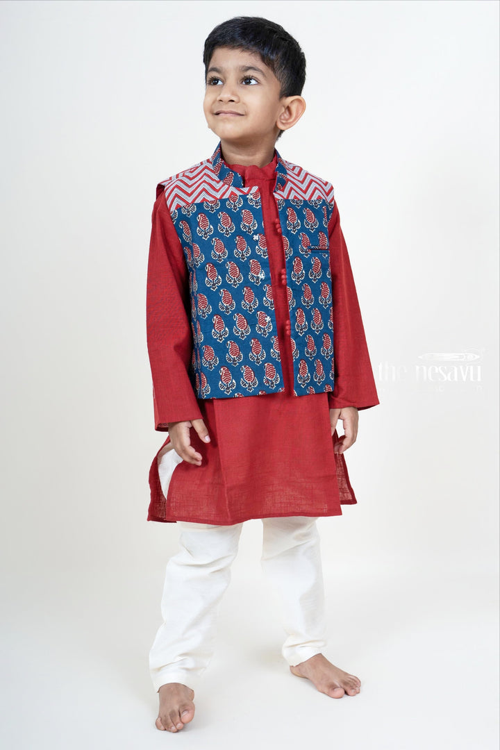 The Nesavu Boys Jacket Sets Maroon Kurta With Navy Ikkat Overcoat For Baby Boys Nesavu Shop Stylish Festive Kurta For Baby Boys | Traditional Dress Designs | The Nesavu