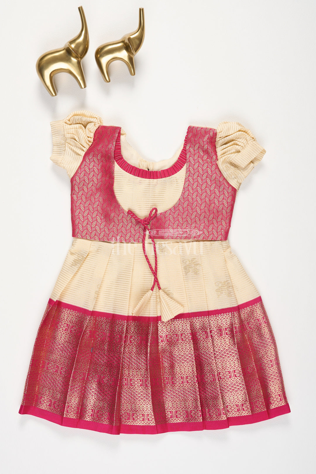 The Nesavu Girls Kanchi Silk Frock Maroon Semi Kanchivaram Silk Frock with Pink Brocade and Puff Sleeves for Girls Nesavu 14 (6M) / Maroon / Style 1 SF863AA-14 Nesavu Girls Maroon Semi Kanchivaram Silk Frock Pink Brocade Puff Sleeves