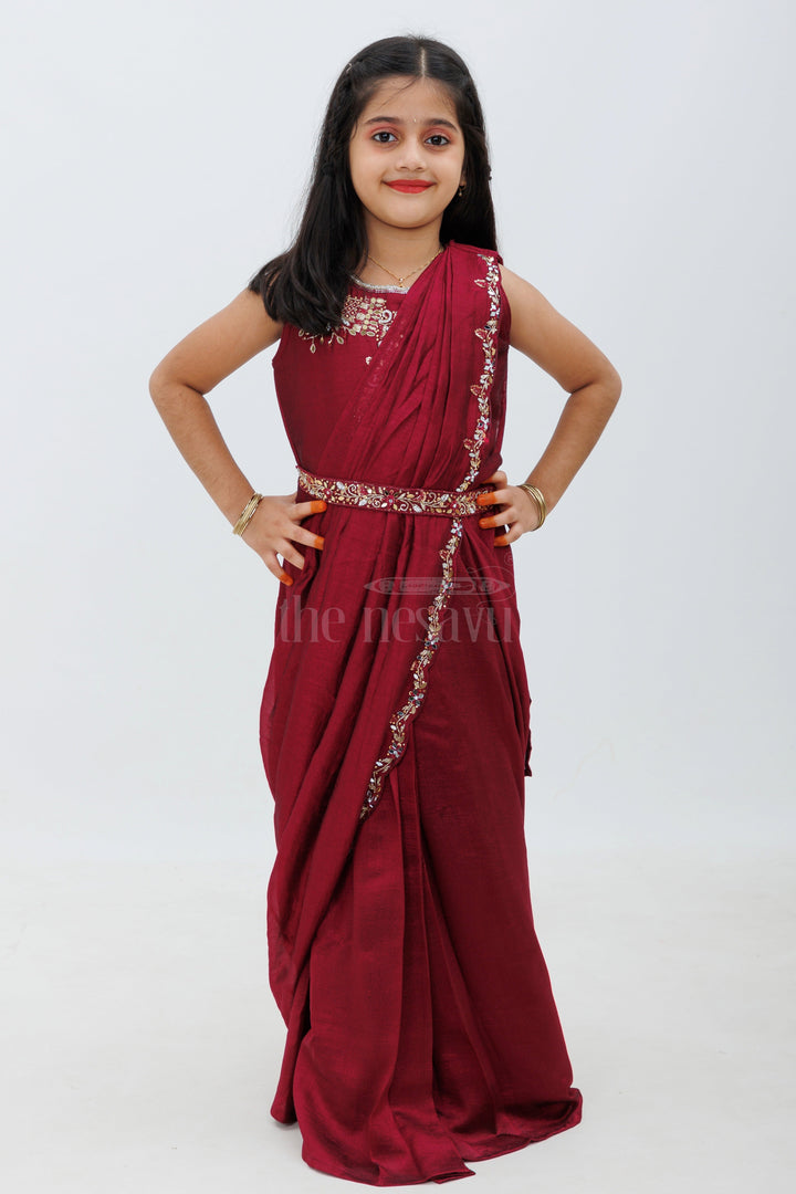 The Nesavu Girls Lehenga Choli Maroon Shimmer Silk Lehenga Choli with Attached Saree Drape Nesavu 24 (5Y) / Maroon GL463A-24 Maroon Shimmer Silk Lehenga Choli with Attached Saree Drape - Nesavu