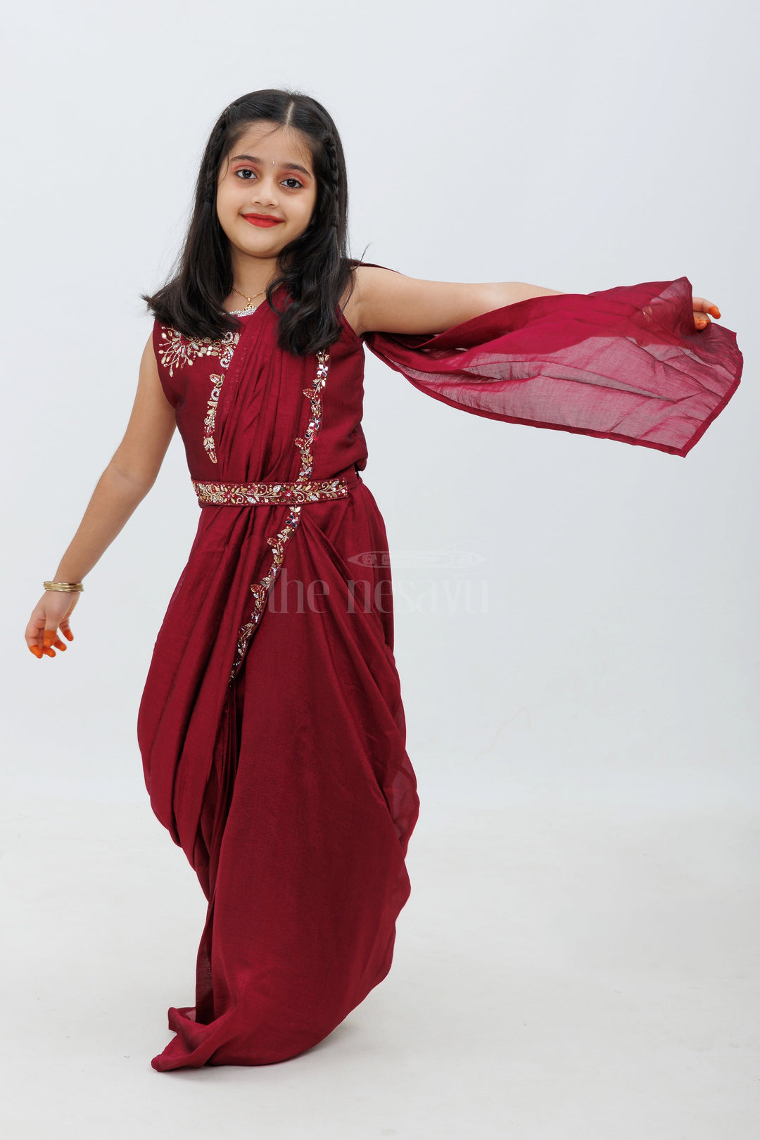 The Nesavu Girls Lehenga Choli Maroon Shimmer Silk Lehenga Choli with Attached Saree Drape Nesavu Maroon Shimmer Silk Lehenga Choli with Attached Saree Drape - Nesavu