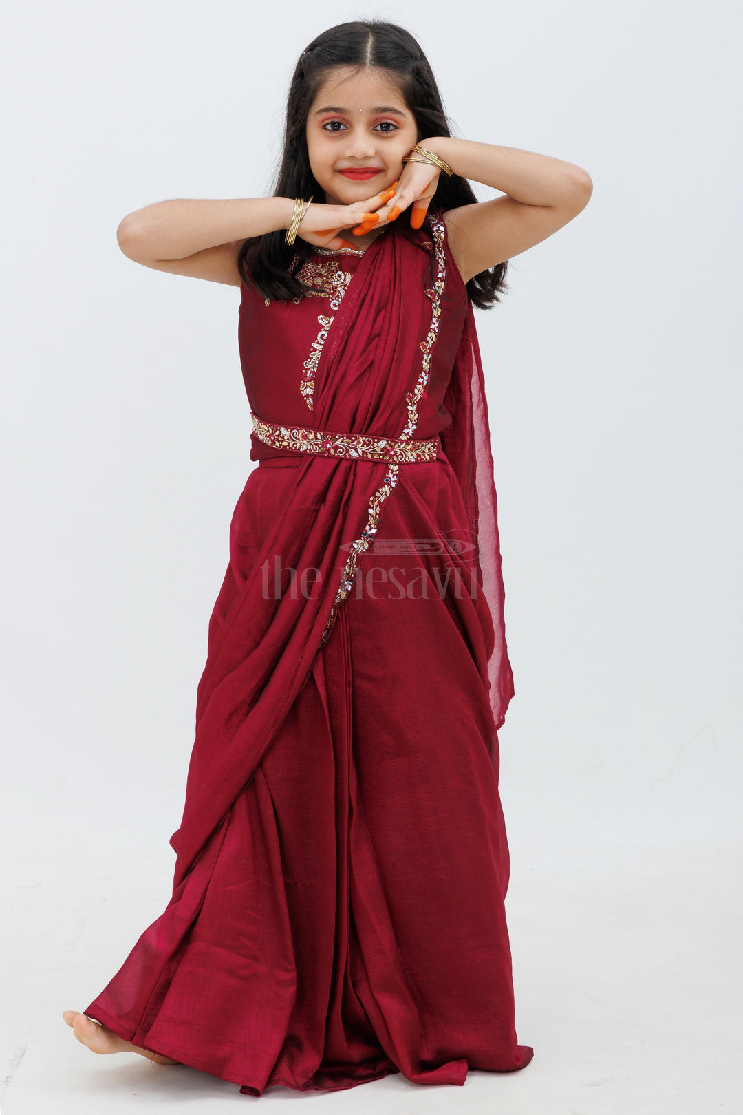 The Nesavu Girls Lehenga Choli Maroon Shimmer Silk Lehenga Choli with Attached Saree Drape Nesavu Maroon Shimmer Silk Lehenga Choli with Attached Saree Drape - Nesavu