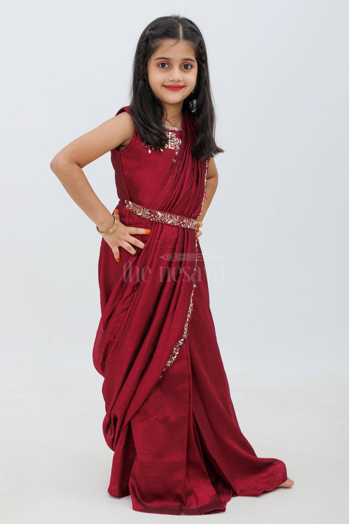 The Nesavu Girls Lehenga Choli Maroon Shimmer Silk Lehenga Choli with Attached Saree Drape Nesavu Maroon Shimmer Silk Lehenga Choli with Attached Saree Drape - Nesavu