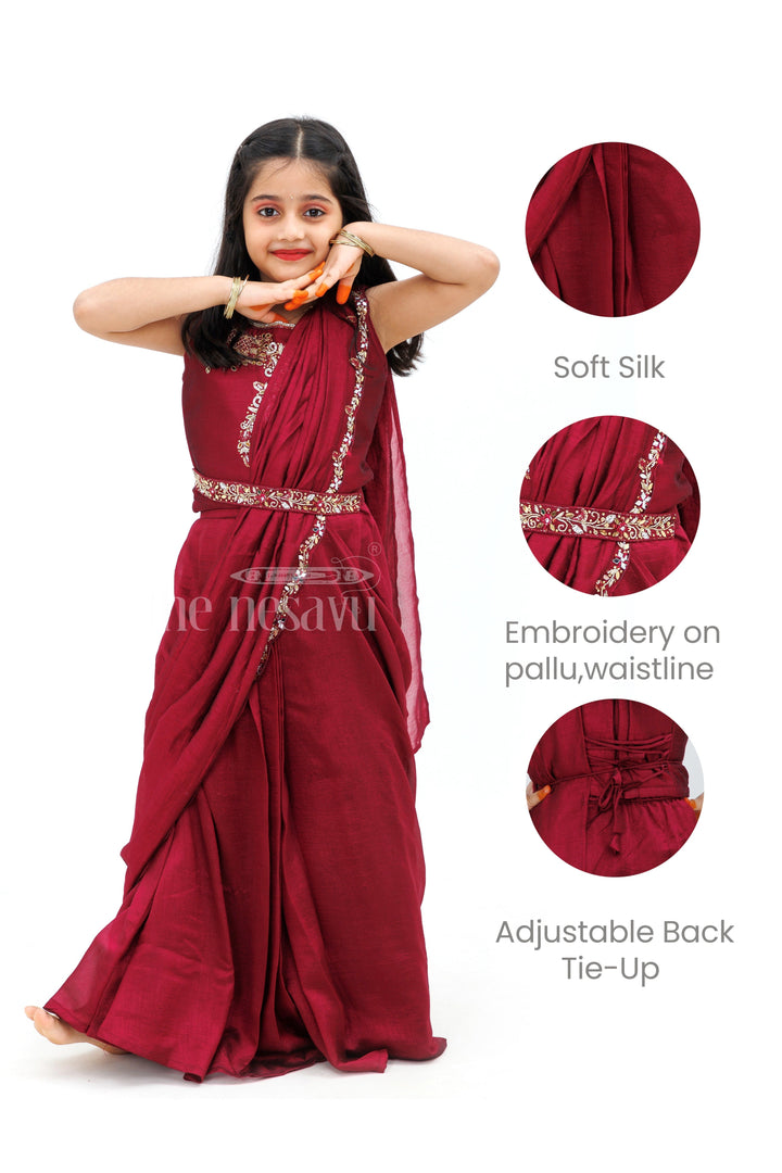 The Nesavu Girls Lehenga Choli Maroon Shimmer Silk Lehenga Choli with Attached Saree Drape Nesavu Maroon Shimmer Silk Lehenga Choli with Attached Saree Drape - Nesavu