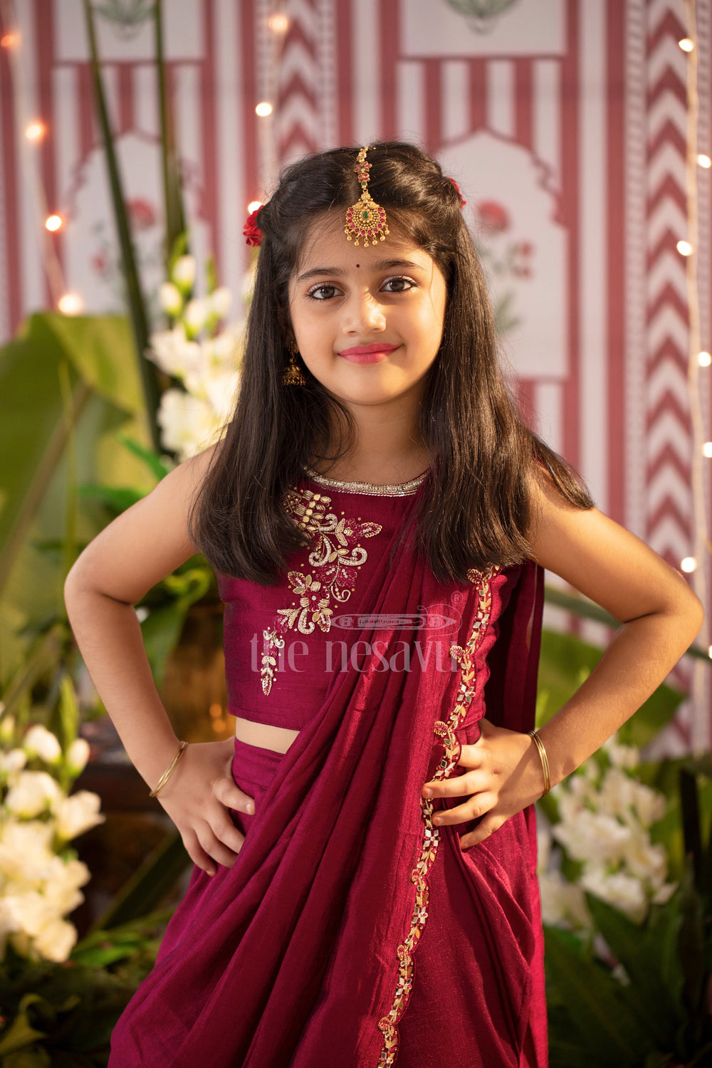 The Nesavu Girls Lehenga Choli Maroon Shimmer Silk Lehenga Choli with Attached Saree Drape Nesavu Maroon Shimmer Silk Lehenga Choli with Attached Saree Drape - Nesavu