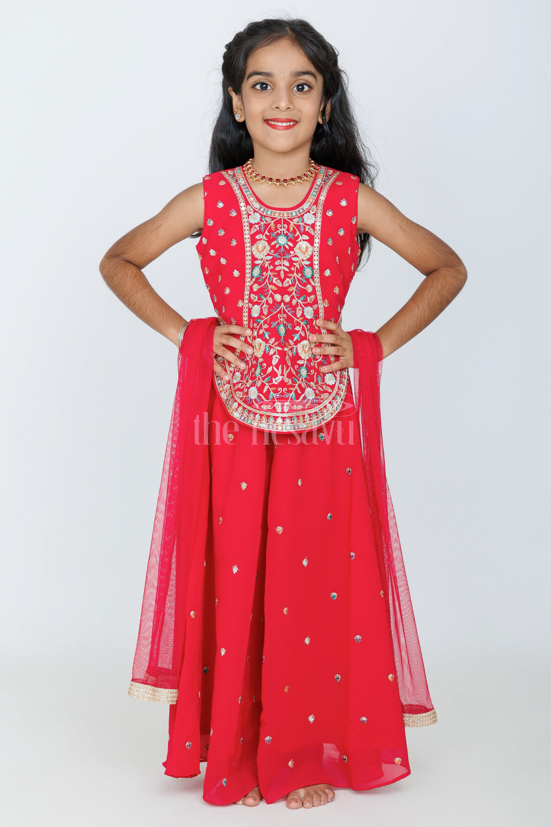 The Nesavu Girls Sharara / Plazo Set Maroon Sleeveless Girls Sharara Set with Gold Embroidery and Palazzo Pants for Festive Occasions Nesavu 24 (5Y) / Maroon GPS448B-24 Nesavu Maroon Girls Sharara Set Gold Embroidery Palazzo Pants Festive Celebrations