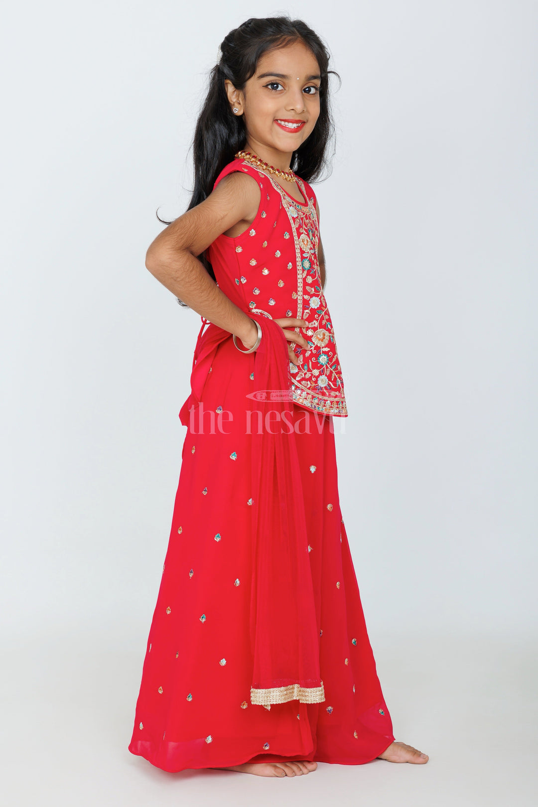 The Nesavu Girls Sharara / Plazo Set Maroon Sleeveless Girls Sharara Set with Gold Embroidery and Palazzo Pants for Festive Occasions Nesavu Nesavu Maroon Girls Sharara Set Gold Embroidery Palazzo Pants Festive Celebrations