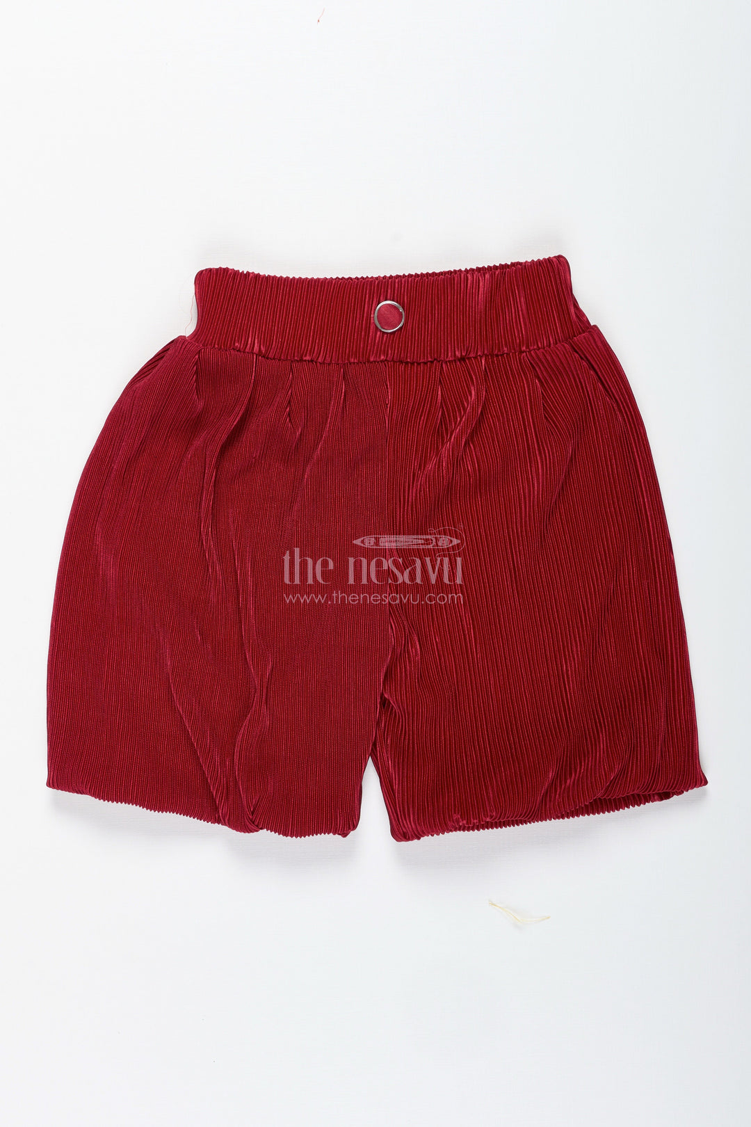The Nesavu Girls Shorts Maroon Velvet Pleated Shorts for Winter Dressing and Events Nesavu 22 (4Y) / Maroon LBW045F-22 Nesavu Maroon Velvet Girls Pleated Shorts Festive Events School Shows Holiday Looks