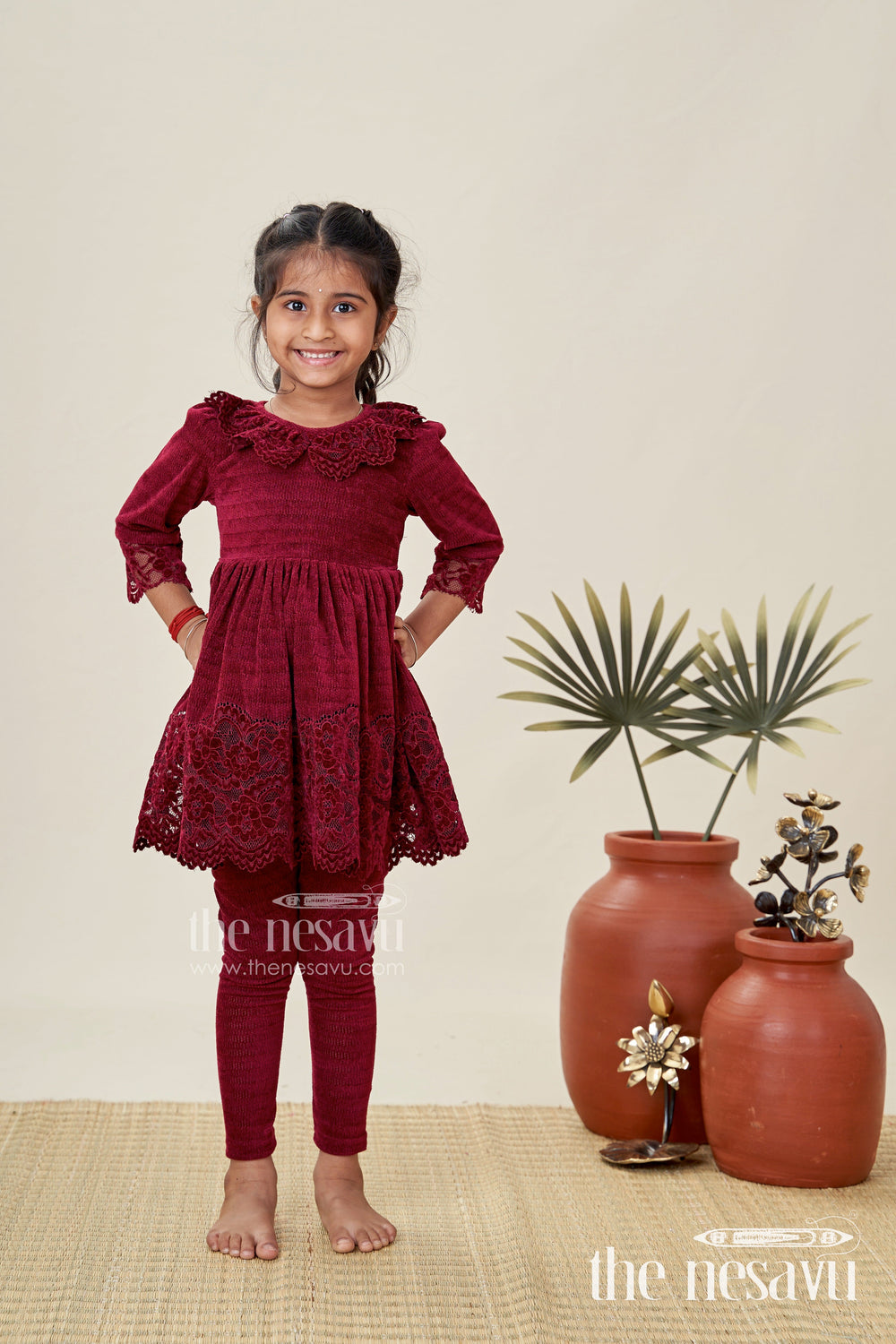The Nesavu Girls Sharara / Plazo Set Maroon Velvet Sharara Set for Toddler Girls Ethnic Outfit with Embroidered Yoke for Weddings Nesavu Nesavu Maroon Velvet Sharara Set Toddler Girls Ethnic Outfit Embroidered Yoke Weddings
