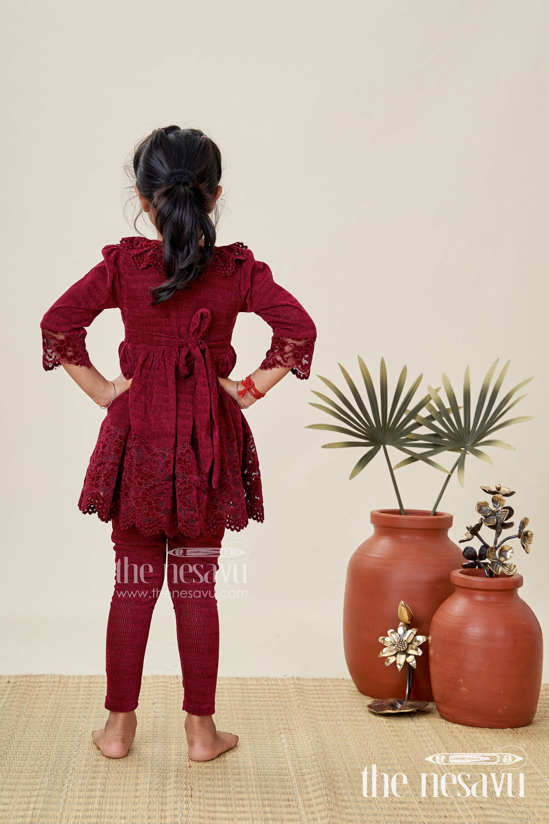 The Nesavu Girls Sharara / Plazo Set Maroon Velvet Sharara Set for Toddler Girls Ethnic Outfit with Embroidered Yoke for Weddings Nesavu Nesavu Maroon Velvet Sharara Set Toddler Girls Ethnic Outfit Embroidered Yoke Weddings