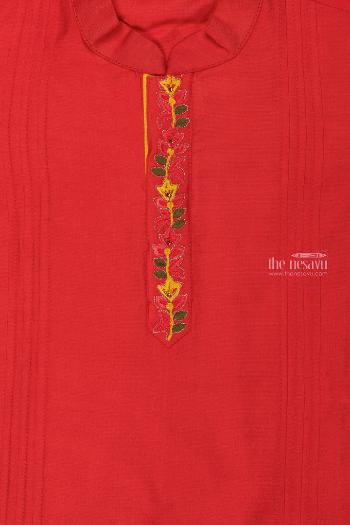 The Nesavu Boys Kurtha Shirt Matching Shirts for Dad and Son - Ravishing in Red Captivating Red Boys Shirt with Floral Embroidery Nesavu Traditional and Trendy Boys Kurta Shirt | Discover Boys Designer Shirts | The Nesavu