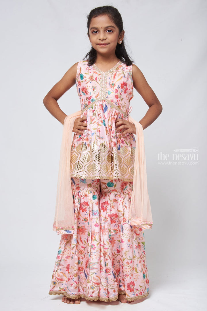 The Nesavu Girls Sharara / Plazo set Mesmeric Sequins Embroidered Salmon Peplum Kurti with Palazzo Classic Festive Ensemble Nesavu 28 (7Y) / Salmon / Chinnon GPS158A-28 Latest Palazzo Suit for Girls | Girls Kurti and Palazzo Pant | the Nesavu