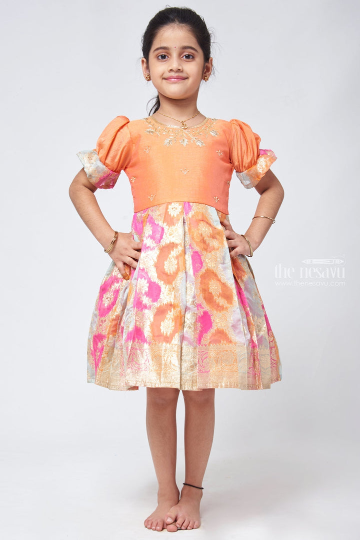 The Nesavu Silk Party Frock Mesmerizing Zari Embroidery on Pleated Kanchivaram Orange Ensemble Nesavu 16 (1Y) / Peach / Organza Jacquard SF683-16 Pattu Frock For Little Girls | Girls Designer Silk Frock | The Nesavu