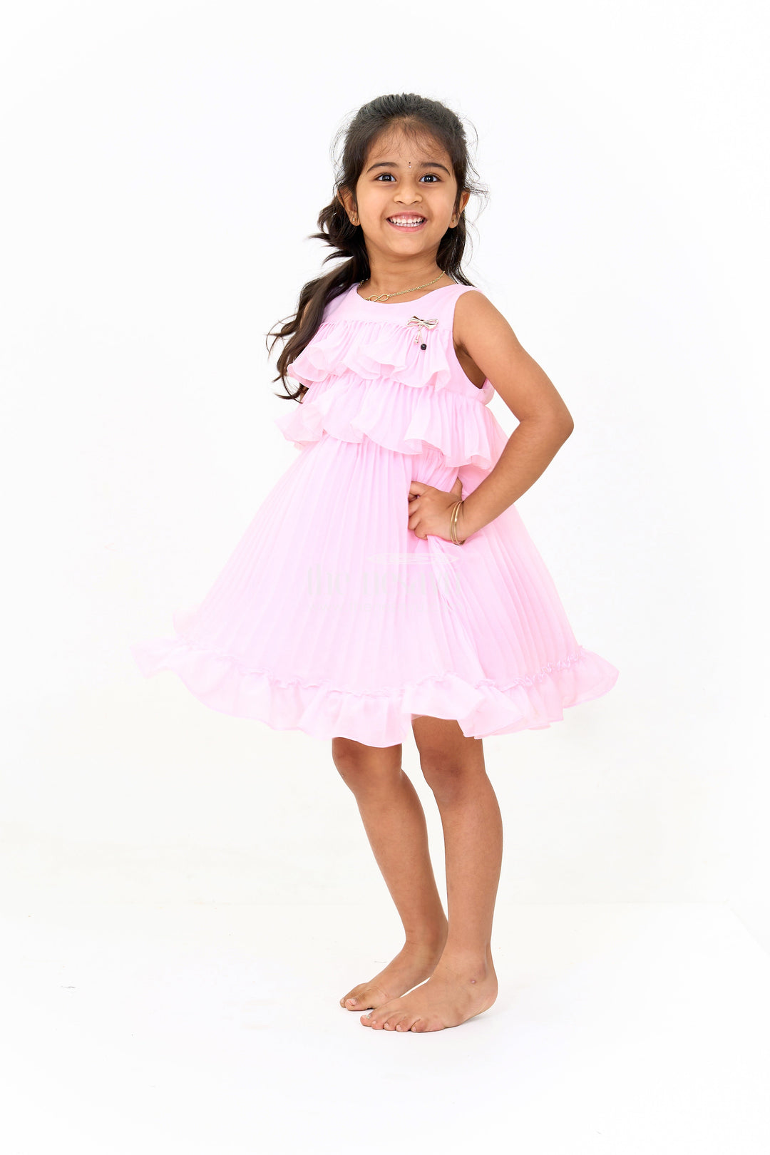 The Nesavu Girls Fancy Frock Mini Dress with Ruffle Accents and Elegant Pleated Layers for Girls Nesavu Blush Pink Mini Dress Ruffle Layers Bow Accent Girls | The Nesavu