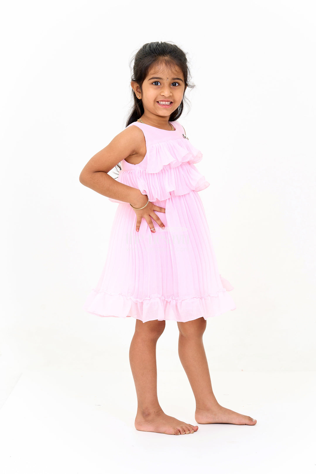The Nesavu Girls Fancy Frock Mini Dress with Ruffle Accents and Elegant Pleated Layers for Girls Nesavu Blush Pink Mini Dress Ruffle Layers Bow Accent Girls | The Nesavu
