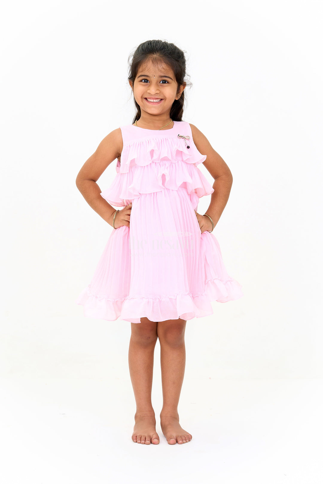 The Nesavu Girls Fancy Frock Mini Dress with Ruffle Accents and Elegant Pleated Layers for Girls Nesavu Blush Pink Mini Dress Ruffle Layers Bow Accent Girls | The Nesavu
