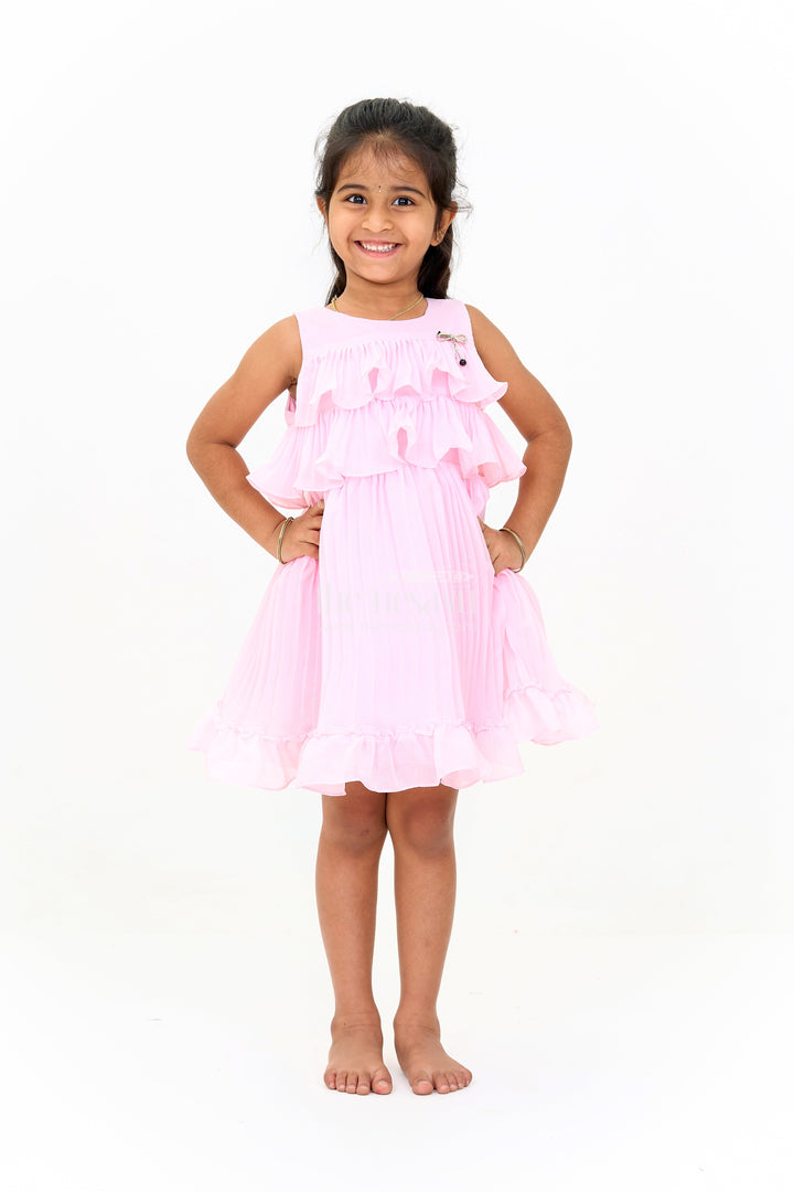 The Nesavu Girls Fancy Frock Mini Dress with Ruffle Accents and Elegant Pleated Layers for Girls Nesavu Blush Pink Mini Dress Ruffle Layers Bow Accent Girls | The Nesavu