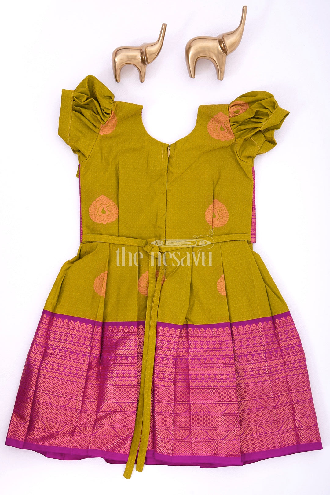 The Nesavu Girls Kanchi Silk Frock Miniature Majesty in Silk: Purple and Green Pattu Silk Frock for Girls Nesavu