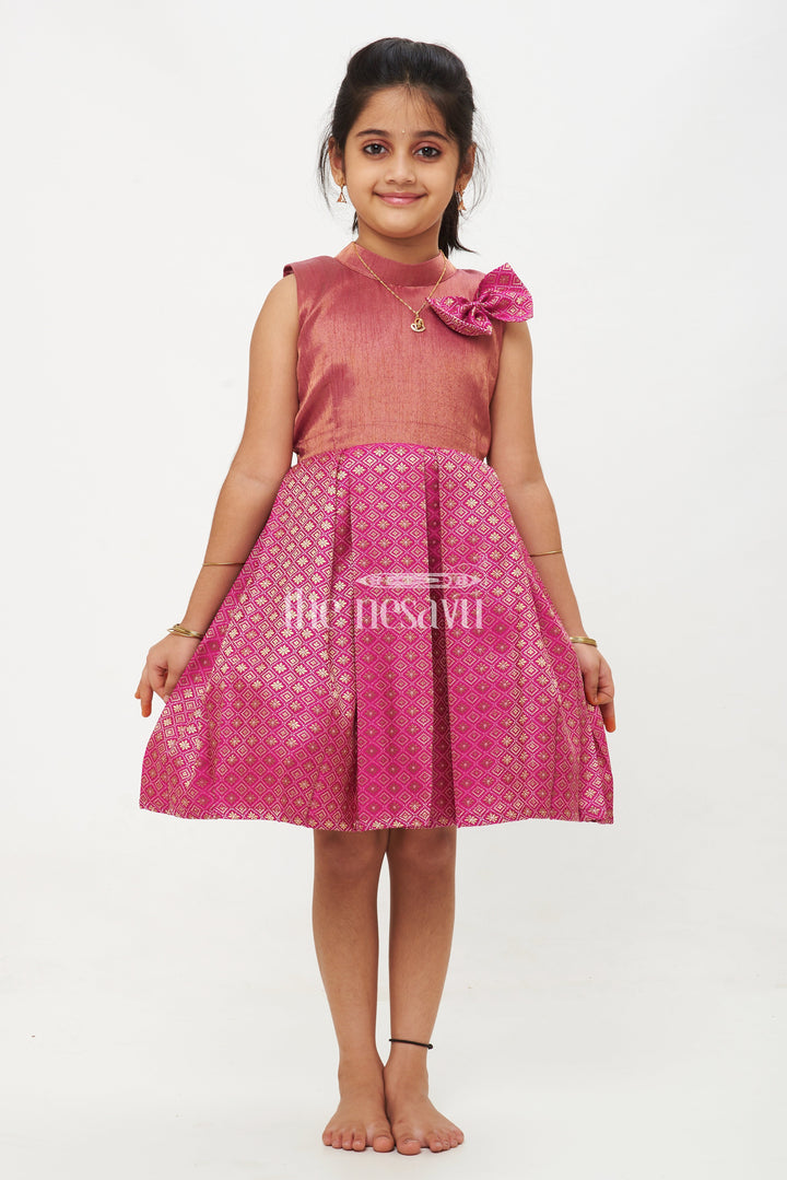 The Nesavu Silk Frock Miniature Majesty: Pattu Silk Frock in Pink and Gold for Girls Nesavu 16 (1Y) / multicolor / Style 2 SF903B-16 Miniature Majesty: Pattu Silk Frock in Pink and Gold for Girls - Traditional Wear