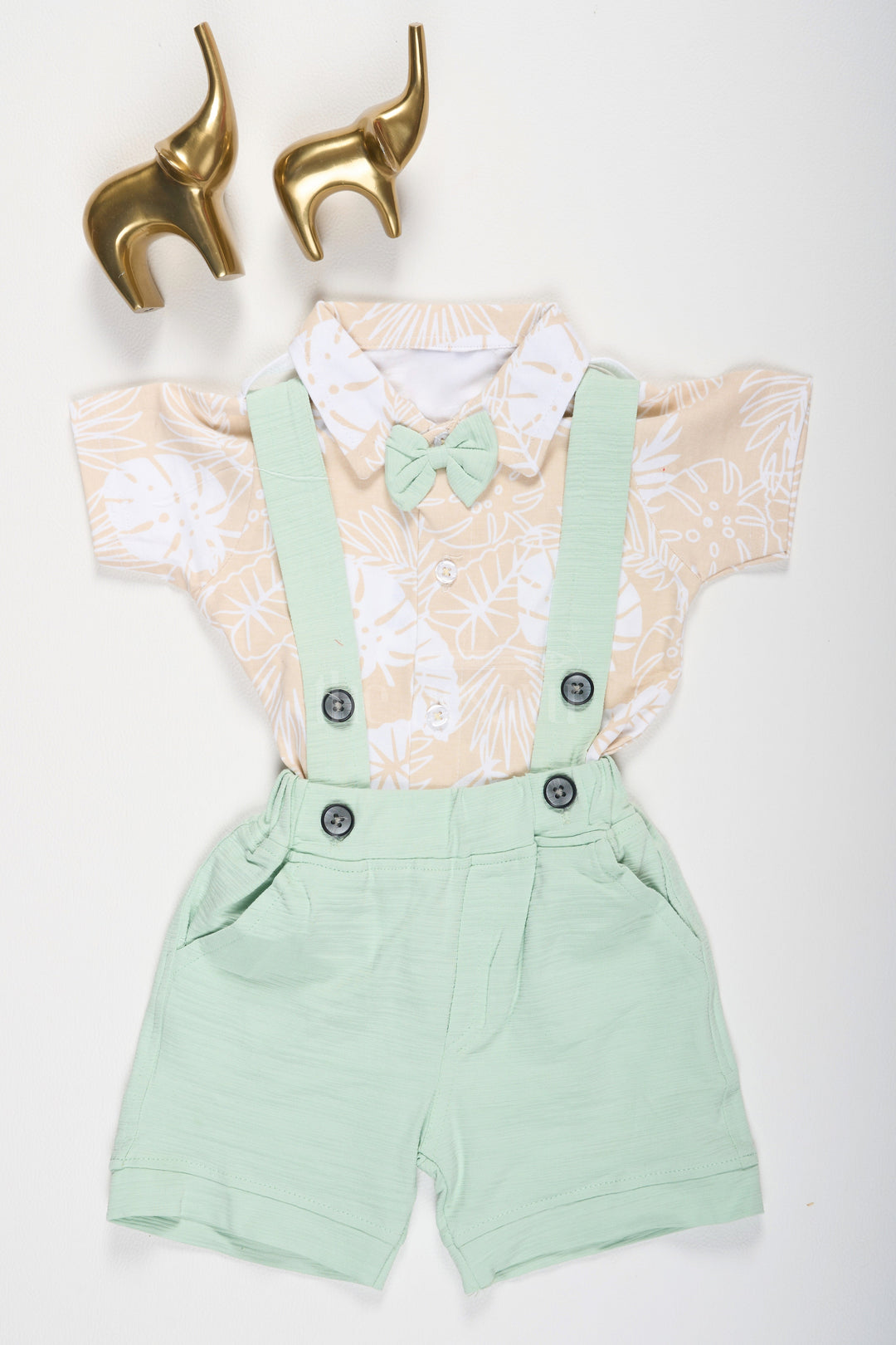 The Nesavu Baby Dungarees Mint Green Baby Suspender Set with Tropical Leaf Print Shirt for Boys Nesavu 12 (3M) / Green BCS142A-12 Mint Green Baby Suspender Set Tropical Leaf Shirt Nesavu Boys Semi-Formal Outfit