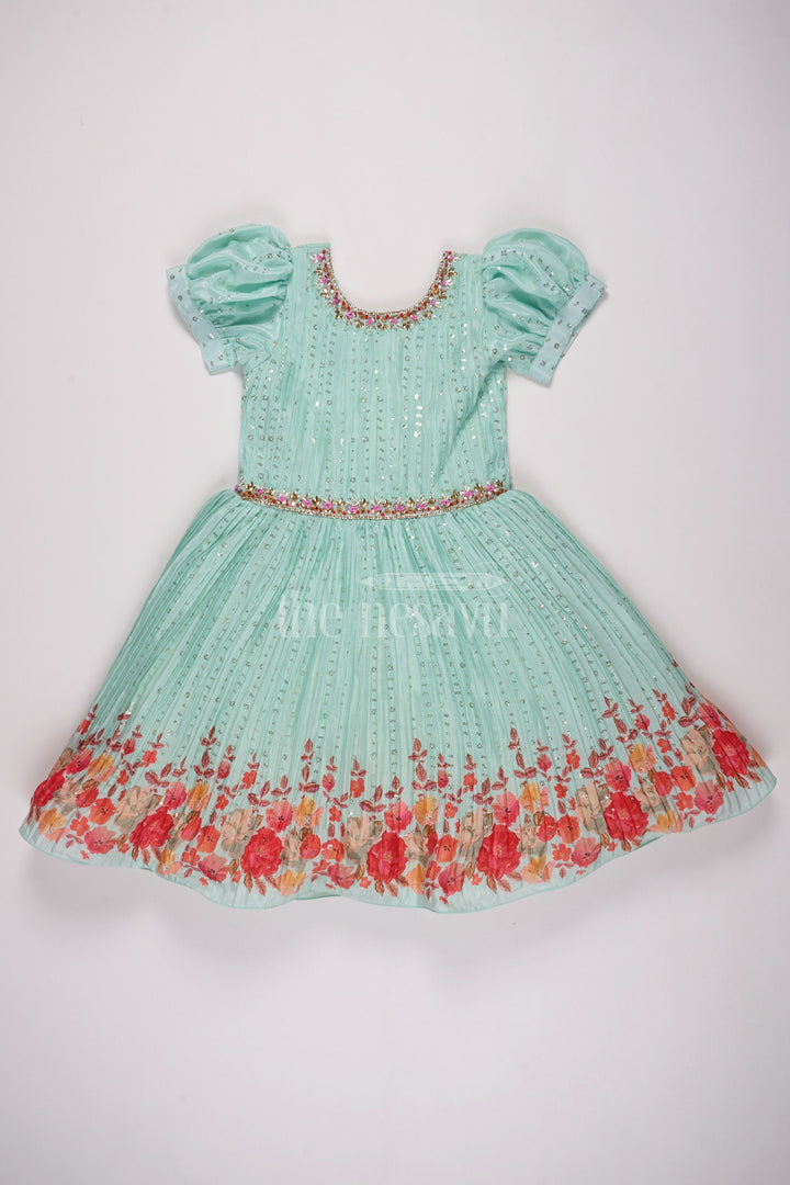 The Nesavu Silk Party Frock Mint Green Girls Fancy Frock with Floral Embellishments and Vibrant Border for Parties Nesavu 18 (2Y) / Turquoise SF926B-18 Nesavu Mint Green Girls Fancy Frock Gold Embellishments Floral Border Weddings Events