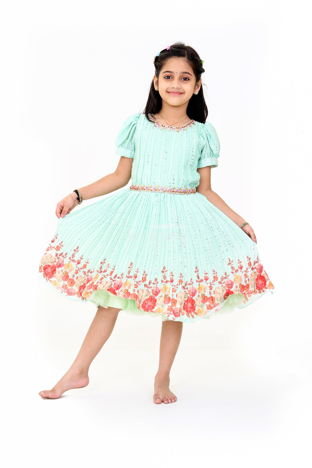 The Nesavu Silk Party Frock Mint Green Girls Fancy Frock with Floral Embellishments and Vibrant Border for Parties Nesavu 18 (2Y) / Turquoise SF926B-18 Nesavu Mint Green Girls Fancy Frock Gold Embellishments Floral Border Weddings Events