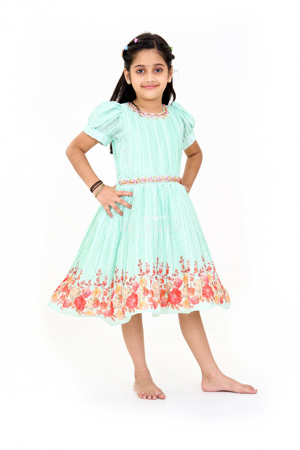The Nesavu Silk Party Frock Mint Green Girls Fancy Frock with Floral Embellishments and Vibrant Border for Parties Nesavu Nesavu Mint Green Girls Fancy Frock Gold Embellishments Floral Border Weddings Events