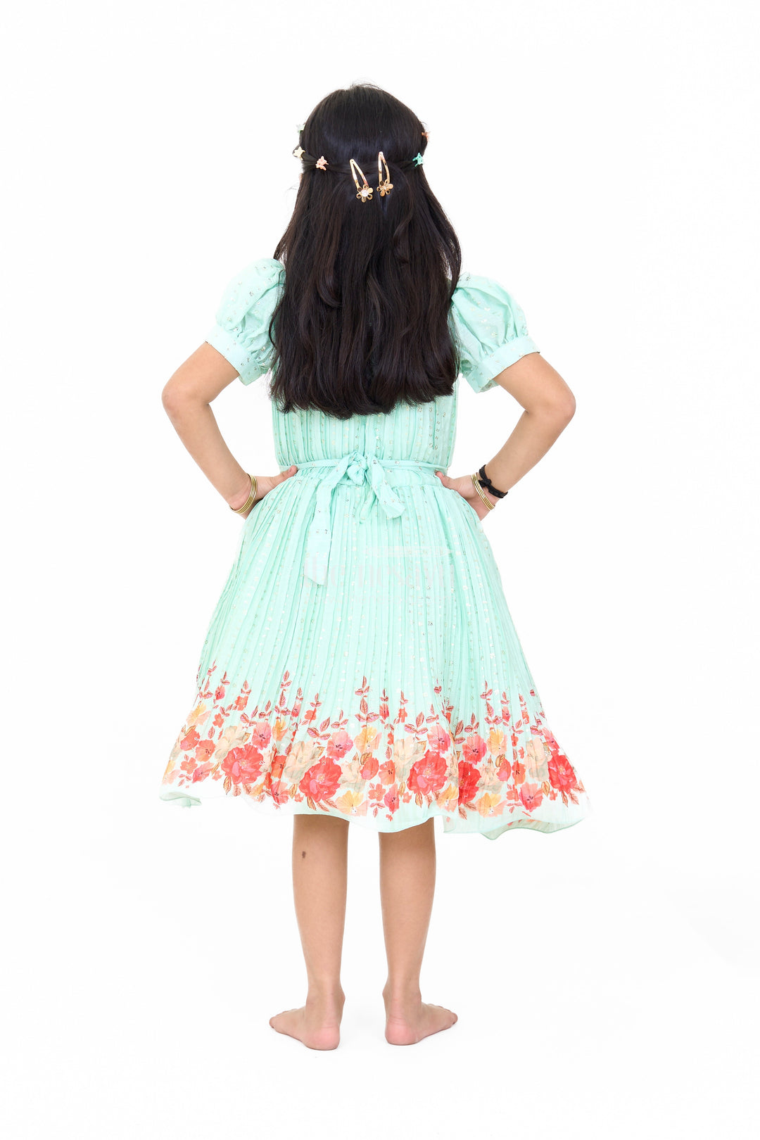 The Nesavu Silk Party Frock Mint Green Girls Fancy Frock with Floral Embellishments and Vibrant Border for Parties Nesavu Nesavu Mint Green Girls Fancy Frock Gold Embellishments Floral Border Weddings Events