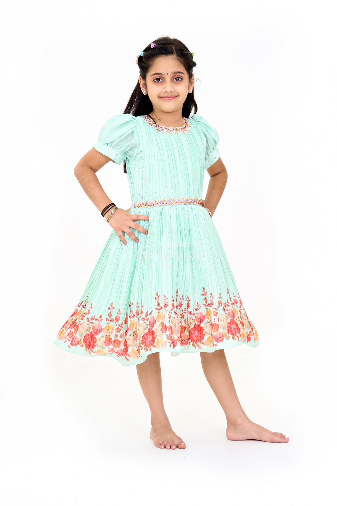 The Nesavu Silk Party Frock Mint Green Girls Fancy Frock with Floral Embellishments and Vibrant Border for Parties Nesavu Nesavu Mint Green Girls Fancy Frock Gold Embellishments Floral Border Weddings Events