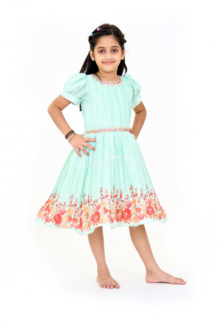 The Nesavu Silk Party Frock Mint Green Girls Fancy Frock with Floral Embellishments and Vibrant Border for Parties Nesavu Nesavu Mint Green Girls Fancy Frock Gold Embellishments Floral Border Weddings Events