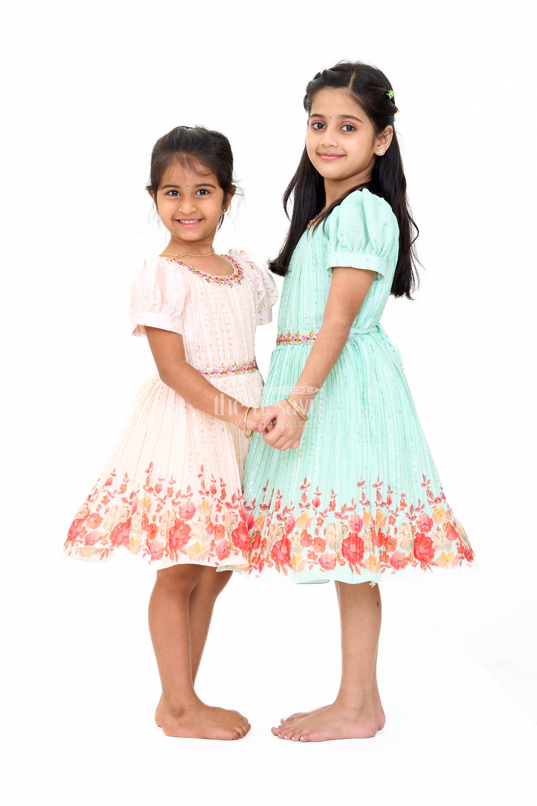 The Nesavu Silk Party Frock Mint Green Girls Fancy Frock with Floral Embellishments and Vibrant Border for Parties Nesavu Nesavu Mint Green Girls Fancy Frock Gold Embellishments Floral Border Weddings Events