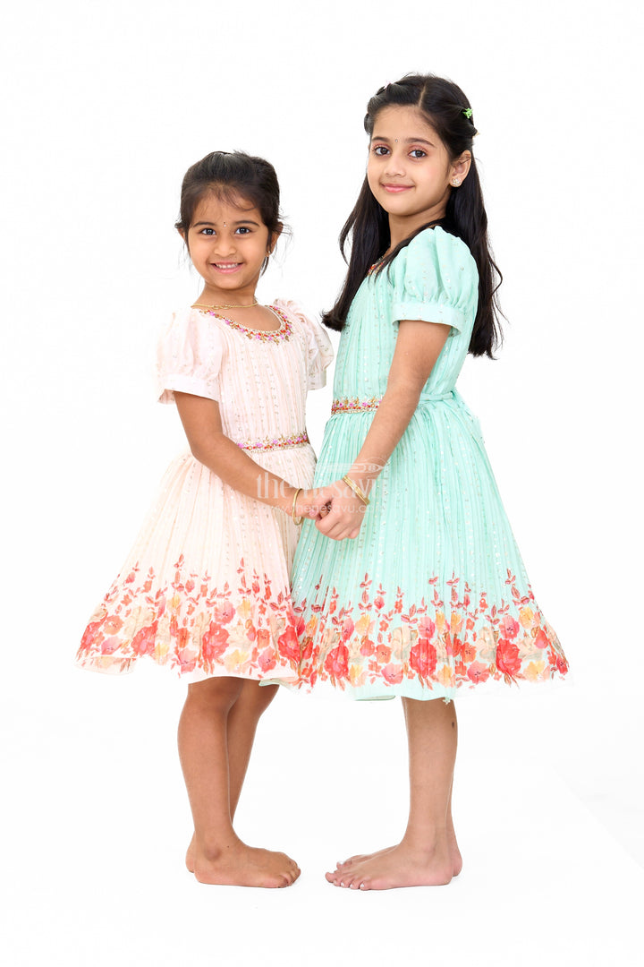 The Nesavu Silk Party Frock Mint Green Girls Fancy Frock with Floral Embellishments and Vibrant Border for Parties Nesavu Nesavu Mint Green Girls Fancy Frock Gold Embellishments Floral Border Weddings Events