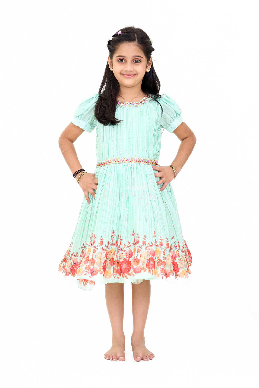 The Nesavu Silk Party Frock Mint Green Girls Fancy Frock with Floral Embellishments and Vibrant Border for Parties Nesavu Nesavu Mint Green Girls Fancy Frock Gold Embellishments Floral Border Weddings Events