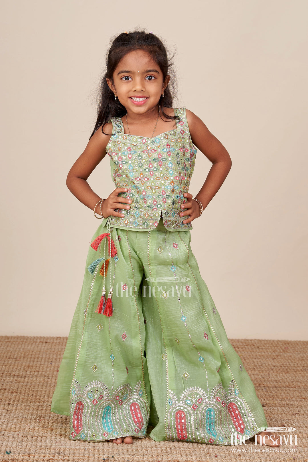 The Nesavu Girls Sharara / Plazo Set Mirror Embroidered Green Sharara Set with Colorful Tassels Nesavu 18 (2Y) / Green GPS752A-18 Nesavu mirror embroidered georgette sharara set  girls festive ethnic wear