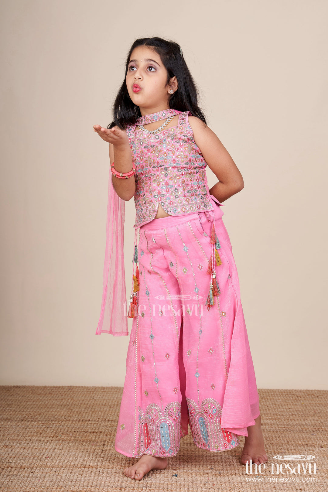 The Nesavu Girls Sharara / Plazo Set Mirror Embroidered Pink Sharara Set with Playful Tassels Nesavu 18 (2Y) / Pink GPS752B-18 Nesavu pink mirror embroidered sharara set  girls ethnic party wear