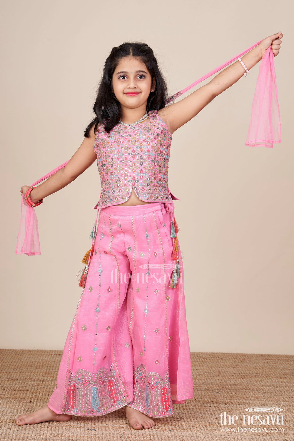 The Nesavu Girls Sharara / Plazo Set Mirror Embroidered Pink Sharara Set with Playful Tassels Nesavu Nesavu pink mirror embroidered sharara set  girls ethnic party wear