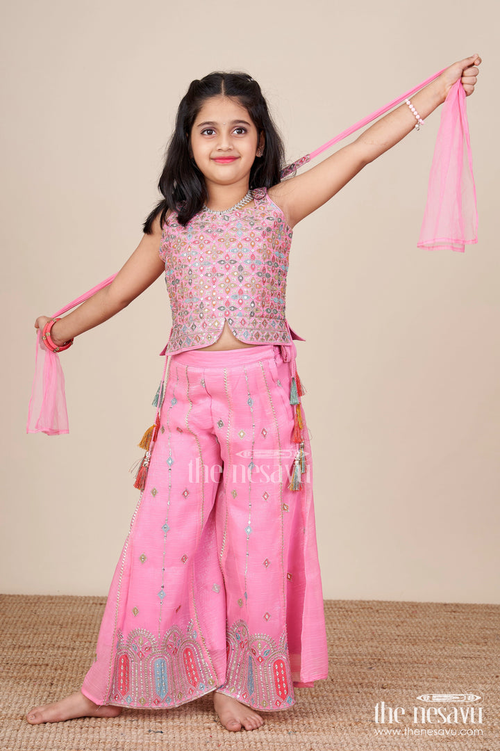The Nesavu Girls Sharara / Plazo Set Mirror Embroidered Pink Sharara Set with Playful Tassels Nesavu Nesavu pink mirror embroidered sharara set  girls ethnic party wear