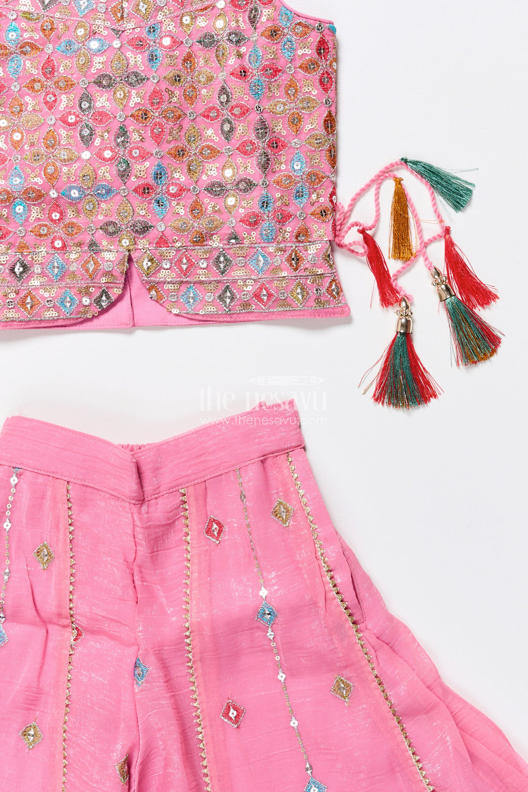 The Nesavu Girls Sharara / Plazo Set Mirror Embroidered Pink Sharara Set with Playful Tassels Nesavu Nesavu pink mirror embroidered sharara set  girls ethnic party wear