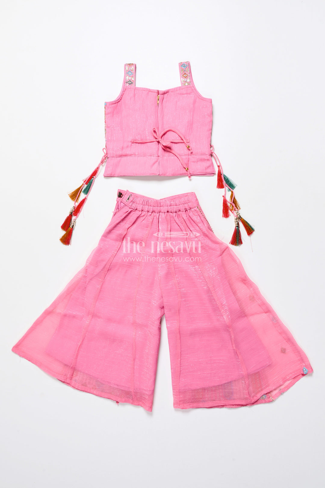 The Nesavu Girls Sharara / Plazo Set Mirror Embroidered Pink Sharara Set with Playful Tassels Nesavu Nesavu pink mirror embroidered sharara set  girls ethnic party wear