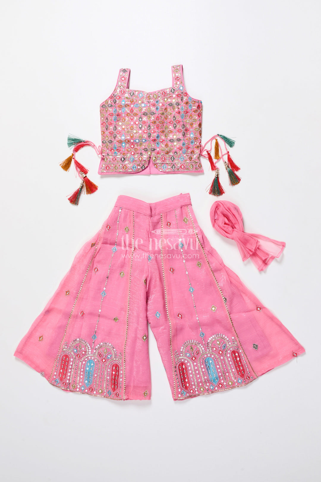 The Nesavu Girls Sharara / Plazo Set Mirror Embroidered Pink Sharara Set with Playful Tassels Nesavu Nesavu pink mirror embroidered sharara set  girls ethnic party wear