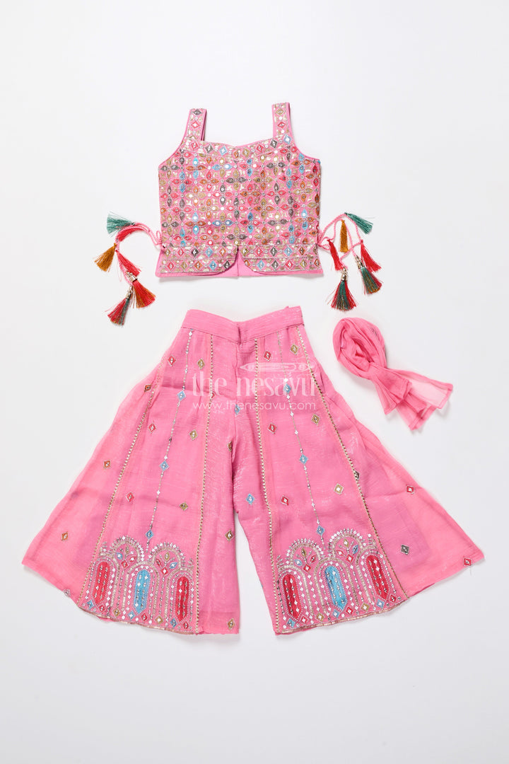 The Nesavu Girls Sharara / Plazo Set Mirror Embroidered Pink Sharara Set with Playful Tassels Nesavu Nesavu pink mirror embroidered sharara set  girls ethnic party wear