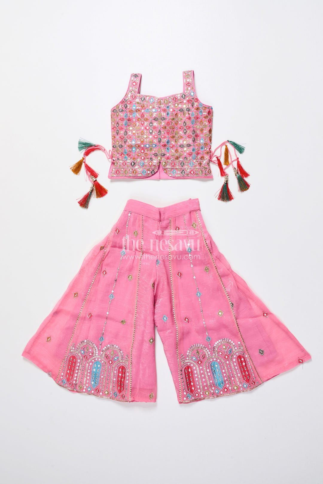 The Nesavu Girls Sharara / Plazo Set Mirror Embroidered Pink Sharara Set with Playful Tassels Nesavu Nesavu pink mirror embroidered sharara set  girls ethnic party wear