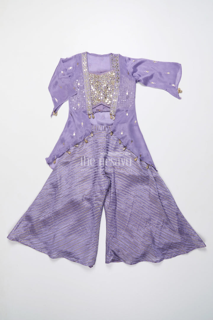 The Nesavu Girls Sharara / Plazo Set Mirror Embroidered Sharara Set for Girls In Viscose Georgette Ethnic Glam for Weddings Nesavu 24 (5Y) / Purple GPS891A-24 Nesavu girls viscose georgette sharara set mirror work festive wedding outfit kids