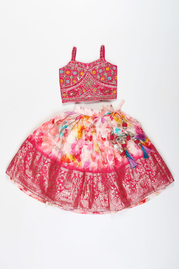 The Nesavu Girls Lehenga Choli Mirror Work Lehenga for Girls Festival Partywear Set Nesavu Nesavu Girls Mirror Work Lehenga Choli Set Pink Multicolor Floral Printed Skirt Party Wear