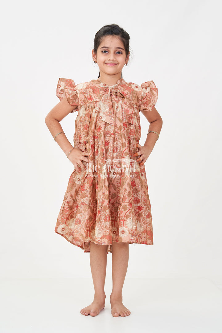 The Nesavu Girls Cotton Frock Modal Silk Frocks for Kids in Floral Printed Blend with Frill Sleeves and Soft Flared Layers Nesavu 18 (2Y) / Brown GFC1695B-18 Nesavu Modal Silk Frocks Kids Floral Digital Print Ruffle Sleeves Breathable Modal Silk Blend