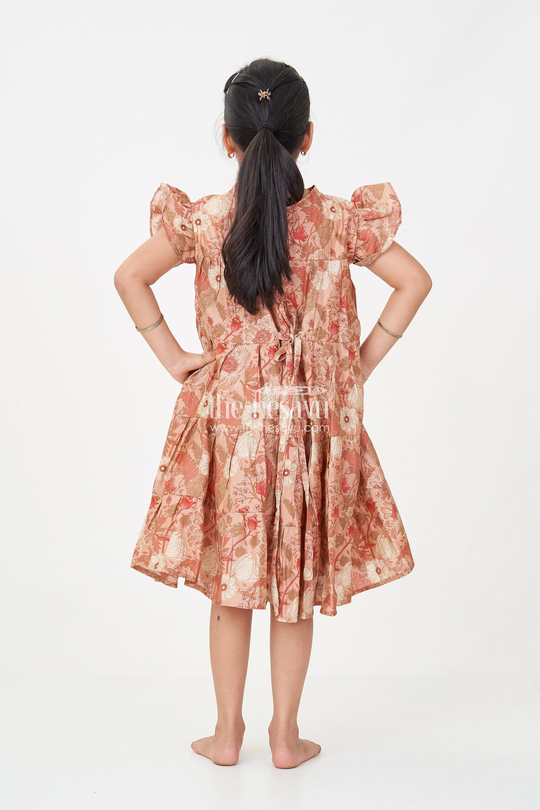 The Nesavu Girls Cotton Frock Modal Silk Frocks for Kids in Floral Printed Blend with Frill Sleeves and Soft Flared Layers Nesavu Modal Silk Frocks Kids Floral Digital Print Ruffle Sleeves Breathable Modal Silk Blend | The Nesavu